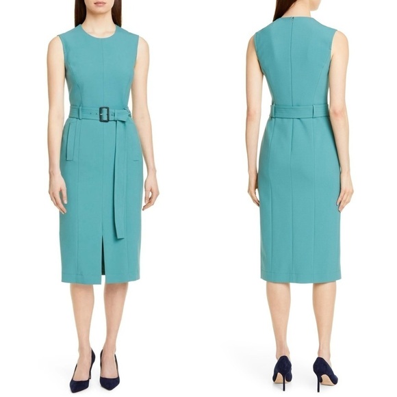 BOSS HUGO BOSS DADORIA GREEN SLEEVELESS BELTED SHEATH DRESS - Picture 1 of 14